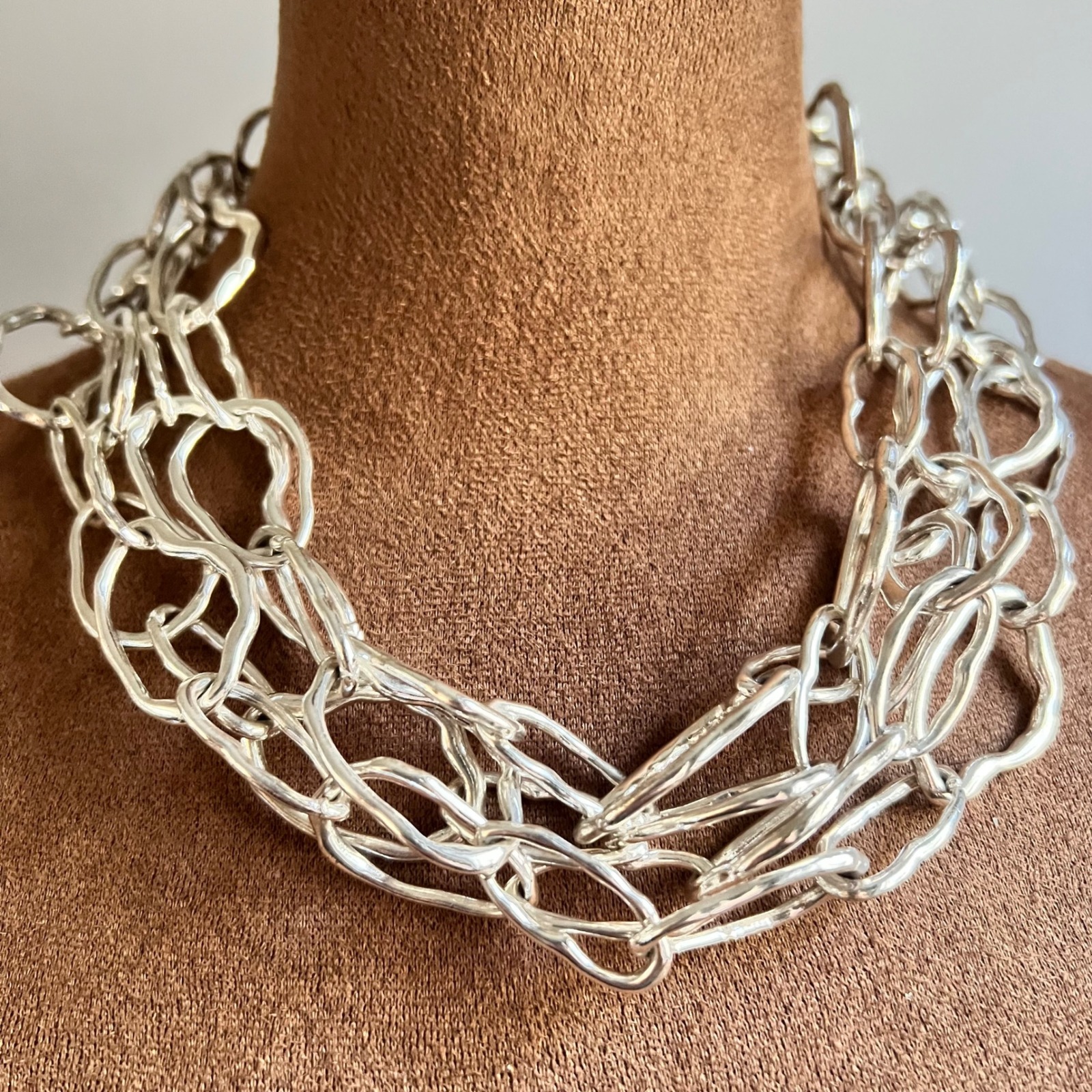 Kenneth Jay Lane Vintage Chunky Silver Link Multi 4 Strand Necklace 20" Eclectic